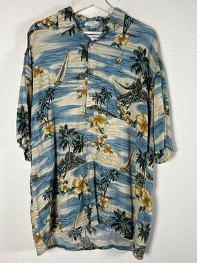 Pierre Cardin Mens Hawaiian Shirt Large Rayon Blue Yellow Floral Island Sailboat